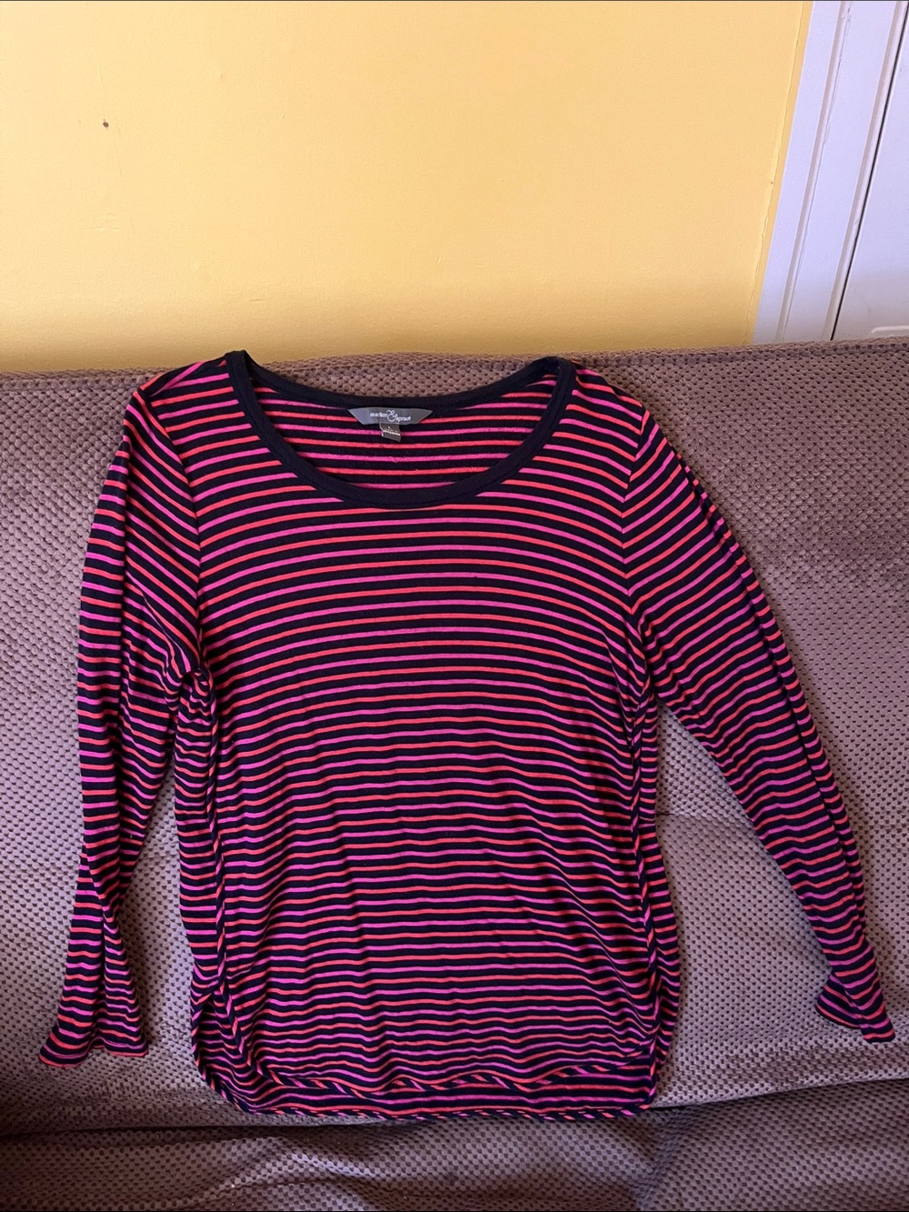 Market & Spruce Hot Pink and Black Striped Long Sleeve Scoop Neck Tee